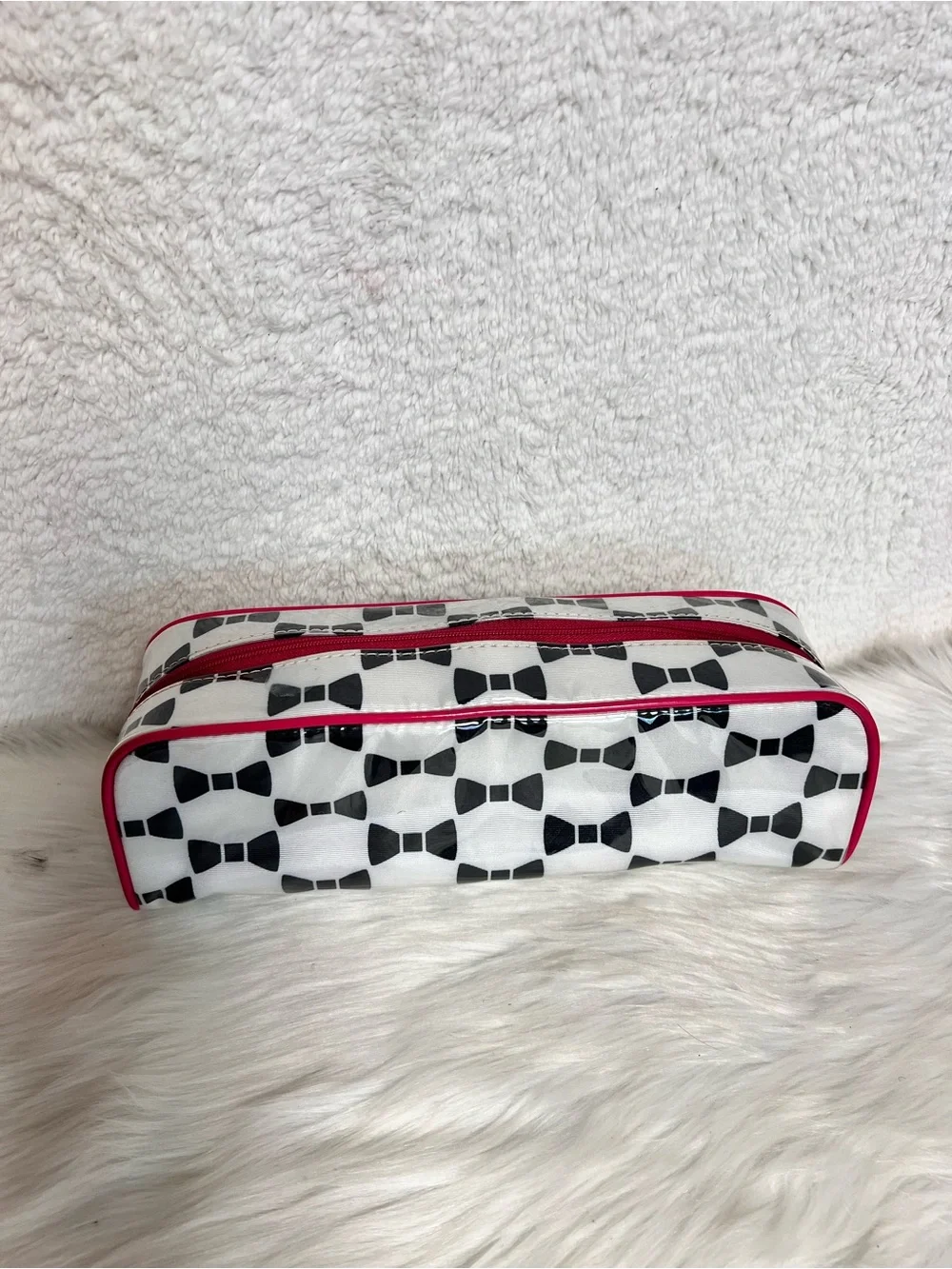 kate spade White and Black Pattern Cosmetic Pouch with Hot Pink Interior